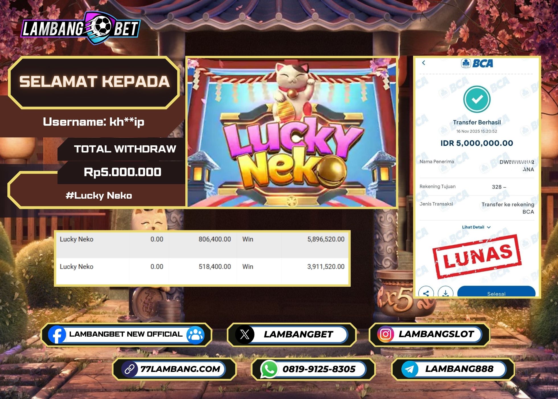 LAMBANGBET [16 NOVEMBER 2025] JACKPOT SLOT Lucky Neko "Rp5.000.000" LUNAS